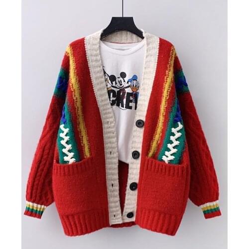 Spring And Autumn Womens Solid Color Sweater Cardigan New Thick Loose Coat Pocket Stitching Rope Threaded Coat Jacket Vestidos