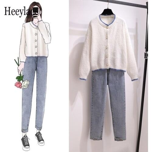 2020 Autumn korean Sweet Knitted Sweater Cardigan Top High Waist Slim Denim Jeans Pant Casual Cute women Two Piece Sets