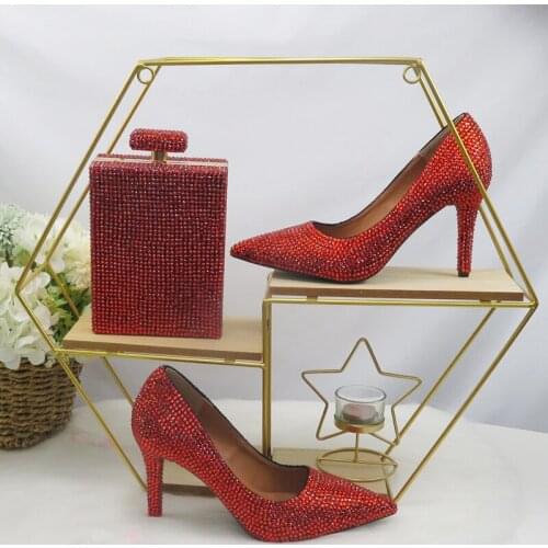 Red Bride Wedding Shoes With Bag Crystal Spring and Summer Women Party Dress shoes Ladies High Heels Pointed Toe 10cm Thin Heels