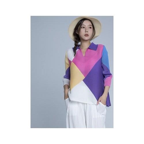 HOT SELLING Miyake Pleated fashion turndown collar short sleeve patchwork T-shirt IN STOCK
