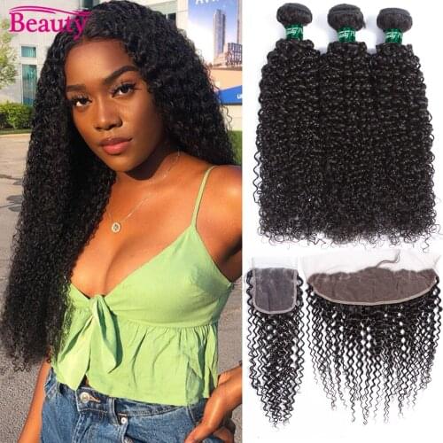 Malaysian Kinky Curly Hair Bundles With Closure Beauty Plus 100% Remy Curly Human Hair Weave Jerry Curly 3 Bundles With Closure