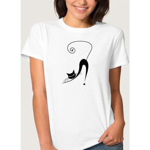 Korean Fashion Women Tshirt Summer Top Naughty Black Cat Print T-shirt Casual Ladies White Tee Shirt O-neck Plus Size T Shirt
