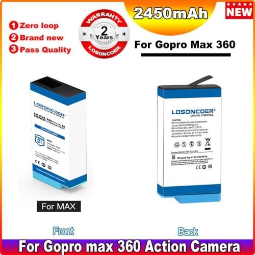 Original LOSONCOER 2450mAh Replacement Battery For Gopro Max Battery / For Go Pro Max 360 Action Camera Battery