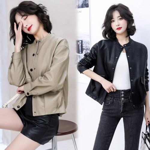 Autumn Women Faux Soft Leather Round Neck Loose Jacket Coat Covered Button Pu Motorcycle Overcoat Female Rivet Punk Jacket