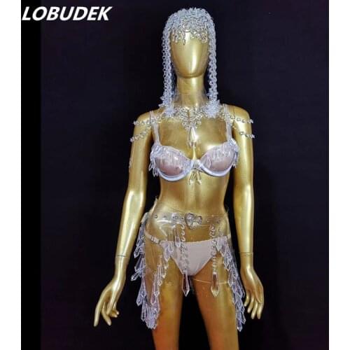 Sexy Crystals Stones Bikini Wig Headgear Outfit Women Dancer DJ DS Costume Nightclub Bar Festival Party Rave Performance Clothes