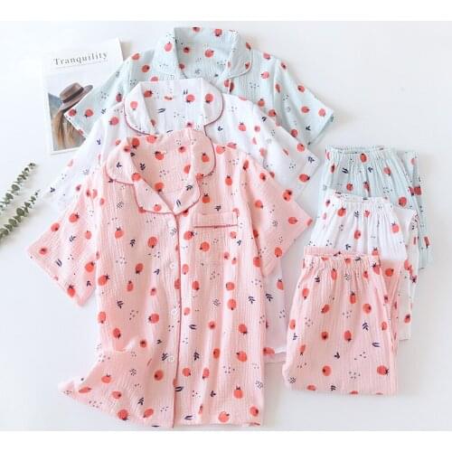 Summer Crepe Short Sleeve Trousers Pajamas Lovely Fruit Cotton Printed Lapel Sleepwear Two Piece Lounge Wear Loose Pijama Mujer