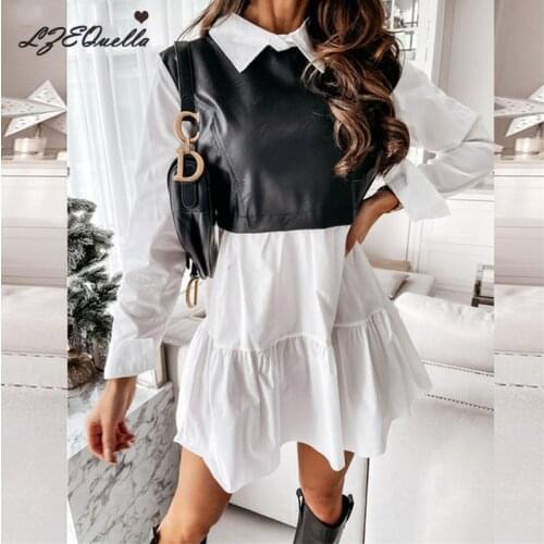 LZEQuella Plaid Womens Dress Casual 2021 A-Line PU Leather Patchwork Long Sleeve Vestidos Party Elegant Short Mini Dresses