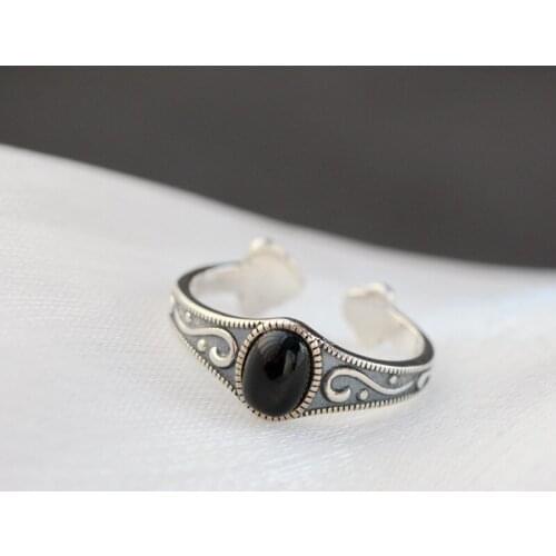 Authentic 925 Sterling Silver Lady Retro Style Charm Ring Inlaid Natural Black Agate Resizable Opening Rings Jewelry Gift