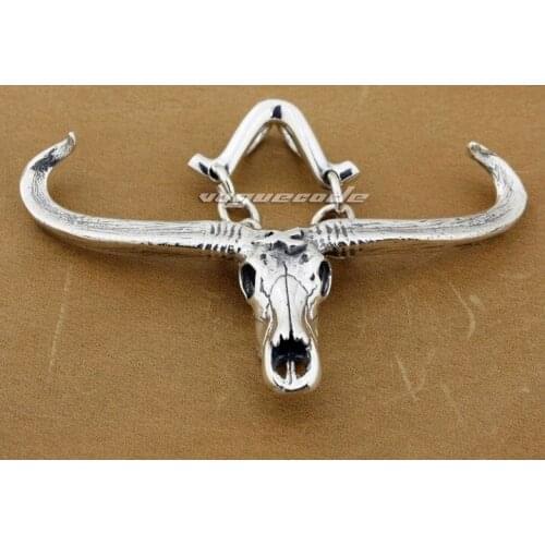 Fashion Bull Horn Pendant Solid 925 Sterling Silver Cool Mens Biker Charm Big Buffalo Skull Pendant 8P015