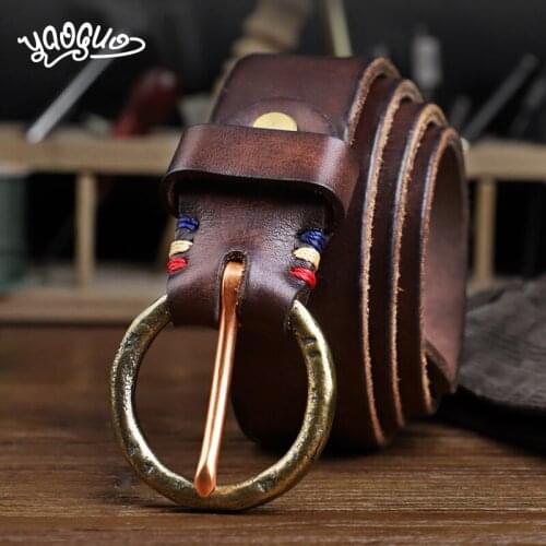 Vintage Handmade Genuine Leather Copper Buckle Mens Belt Classic Cowhide Jeans Soft Belt For Women