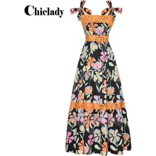 CHICLADY designer style luxury embroideried spaghetti strap party maxi dresses for women summer floral printed dinner robe femme