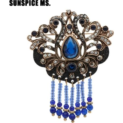 Sunspice Ms Vintage Turkish Retro Bead Resin Brooch Jewelry Antique Gold Color Black Paint Hollow Flower Ethnic Wedding Pin Gift