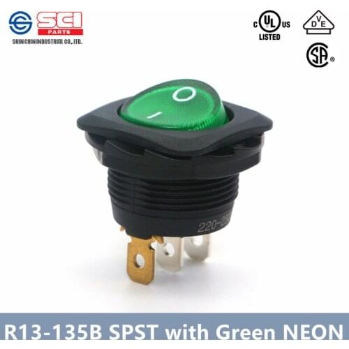 Taiwan SCI R13-135B STSP rocker switch /ON-OFF 3pins with Green NEON lighter/250V 10A 125V 16A /Amplifier power switch