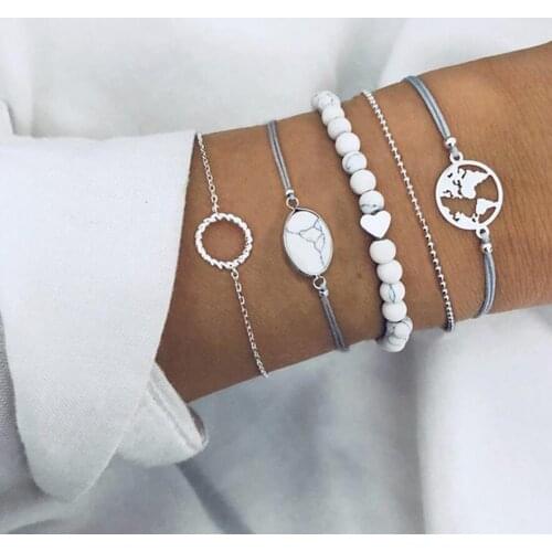 Tocona Bohemian Silver Color Map Stone Layered Bracelets Set for Women Girl Geometric Green Beads Pendant Bracelet Bangle 6906