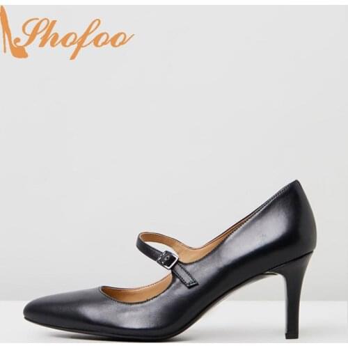 Black Pointed Toe High Stilettos Soft Faux Leather Pumps Woman Thin Heels Buckle Strap Large Size 11 14 Dress Mary Janes 2021