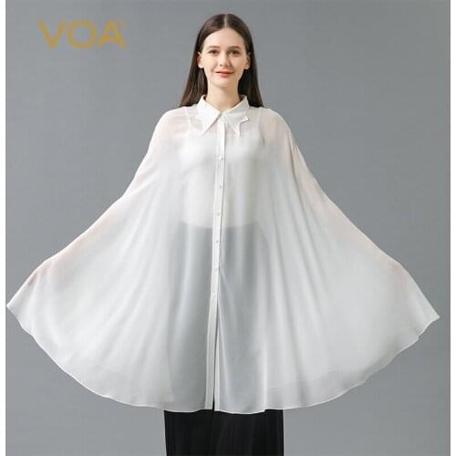 VOA Silk Georgette Tea White Tops Single-breasted Cloak Bat Sleeve Three-dimensional Decoration Comfortable Thin Wild Coat WE112