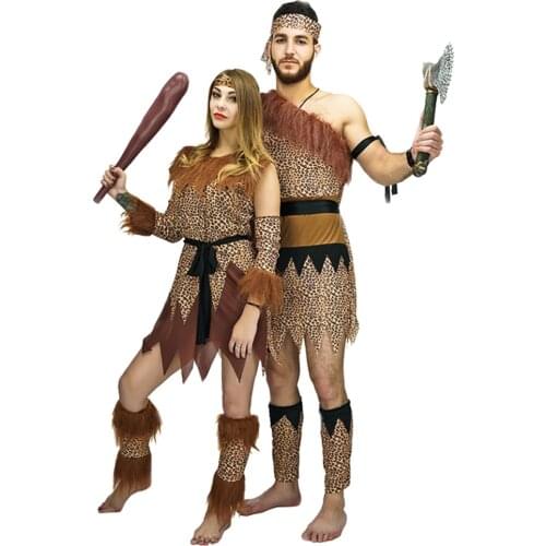 Adult Couple Jungle Caveman Costumes Carnival Cosplay Party Clothes Halloween Role Play Caveman Outfits Party Fancy Dress Up