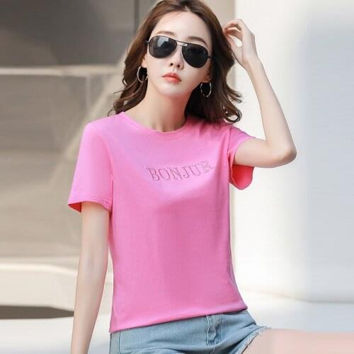 Women T-shirt Summer 2021 Loose Korean Pink Letter Embroidery Short Sleeve O-neck Tops Tee Shirts Femme Cotton Casual Top