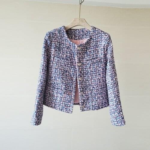 2021 Autumn Winter Fashion Temperament Tweed Jacket Women O-Neck Single-Breasted Color Weave Long Sleeve Woolen Outwear