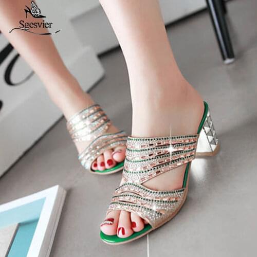 Sgesvier Big size 33-46 Square high heels shoes women sandals summer rhinestone party shoes elegant fashion ladies shoes OX442