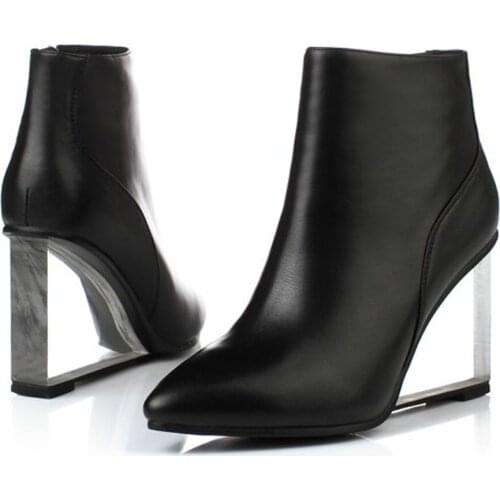 Womens Pointed Toe Ankle Boots Genuine Leather Side Zip Clear Transparent Wedge High Crystal Heel Shoes Luxury Plus Size 3Colors