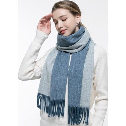 Women 100% Pure Wool Scarves Winter Tassel Solid Blue Wrap Brand Warm Long Echarpe Warps for Ladies 100% Wool Shawls Pashmina