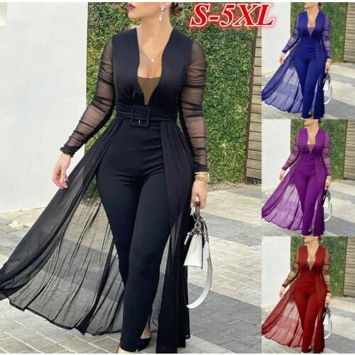 Women Plus Size Sexy Deep V Neck Jumpsuit Solid Skinny Mesh stitching Onesies Playsuits Rompers Fashion Slim Jumpsuit For Lady