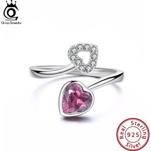 ORSA JEWELS Heart Shape Purple Crystal Finger Ring for Women Adjustable 925 Sterling Silver with Zircon Jewelry 2021 Trend SWR02