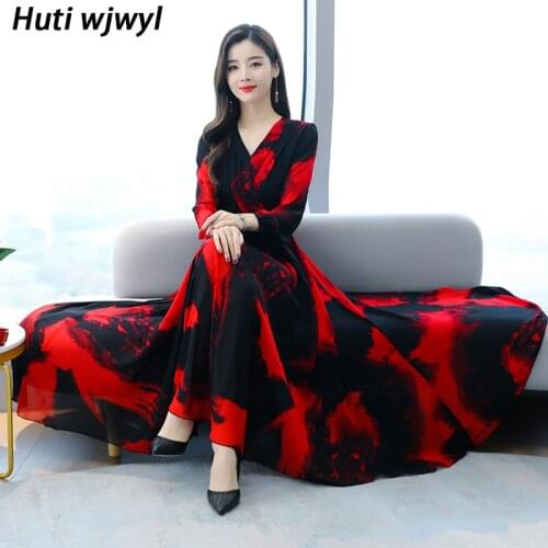 2021 Vintage Boho 4XL Plus Size Midi Sundress Spring Yellow Print Chiffon Beach Maxi Dress Women Elegant Bodycon Party Vestidos