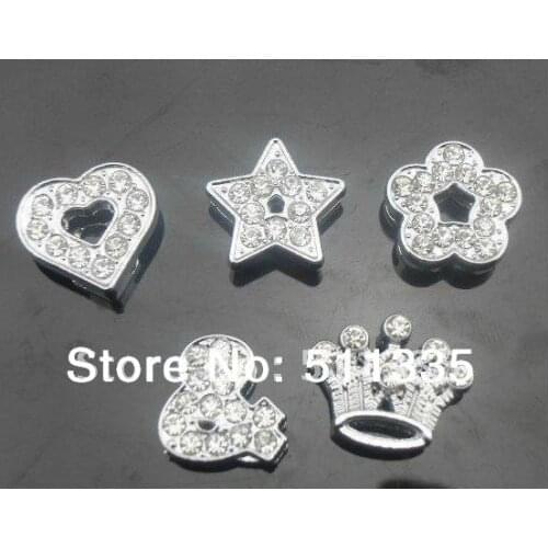 100pcs/lot 10mm full rhinestone mix styles heart star flower & crown slide charms DIY accessories fit for 10mm wristband
