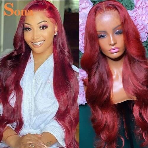 13X6 Red Lace Front Human Hair Wigs Preplucked Ombre Burgundy Wavy Wig Body Wave 180% Lace Frontal Wig For Women
