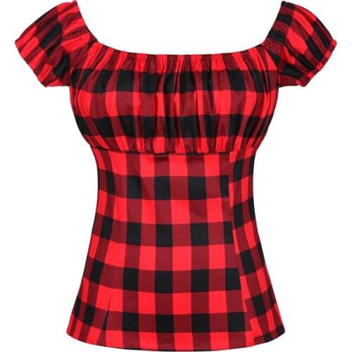 2021 Red Plaid Printed Slim Fitted Tops Women Summer Short Sleeve Workwear Office Lady Elegant Pin Up 50s 60s Rockabilly Tshirt