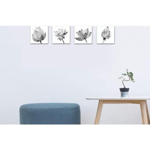 4 Panels Flowers Artwork Black and White Elegant Floral Canvas Art Print Blooming Lotus Picture Drop shipping