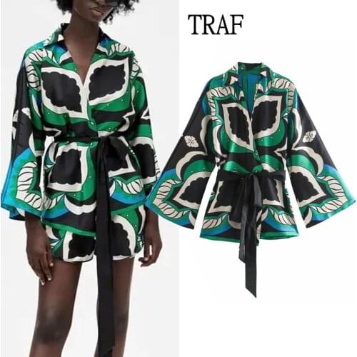 TRAF Za Woman 2021 Blouses Y2k Summer Print Loose Long Sleeve Top Women Clothing Shirt Elegant Bow Belt Vintage Female Blusas