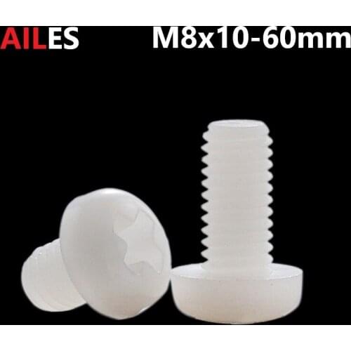 M8 White Nylon Phillips Pan Head Screws 8mm x 10 12 15 18 20 25 30 35 40 50 60mm PA66 Plastic Cross Recessed Round Head Bolts