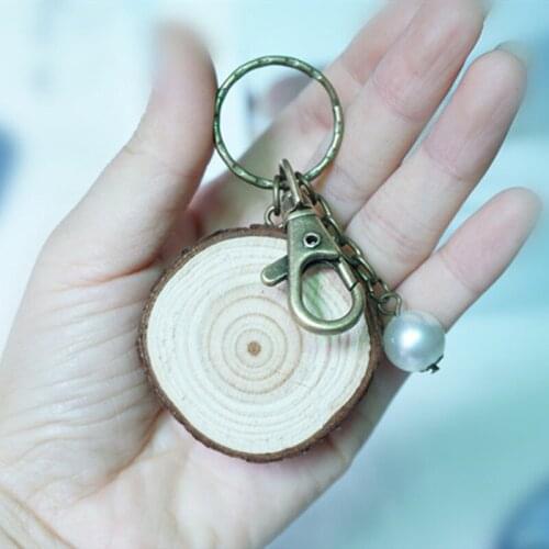 Wood Keychain Antique Bronze Key Chains For Woman Men Handmade Vintage Car Key Rings Pearl Pendant Keychains Friends Gift