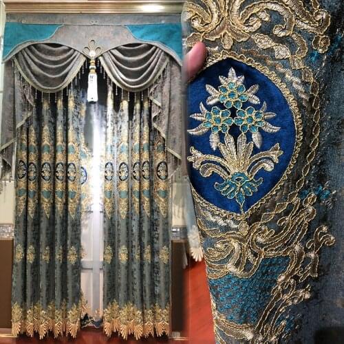 European curtain living room luxury atmosphere Royal ice velvet blue court luxury villa full shade bedroom