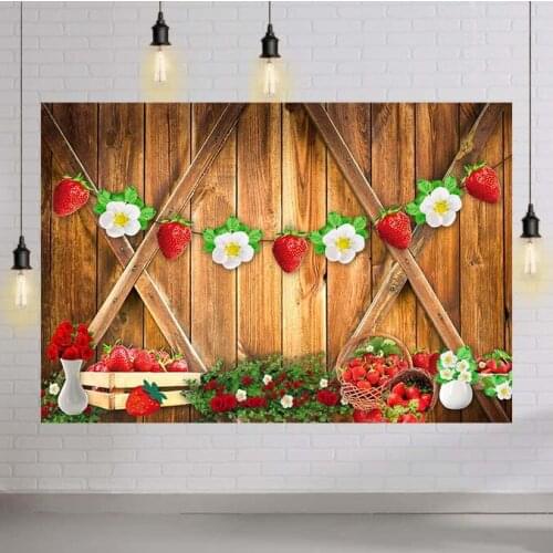 Background for Photography Wooden Strawberry Market Green Leaves Newborn Cake Smash Portrait Photo Backdrop Photozone