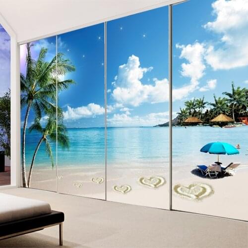 Customized opaque cartoon wardrobe sliding door wooden door renovation stickers glass wall mirror stickers bathroom sea