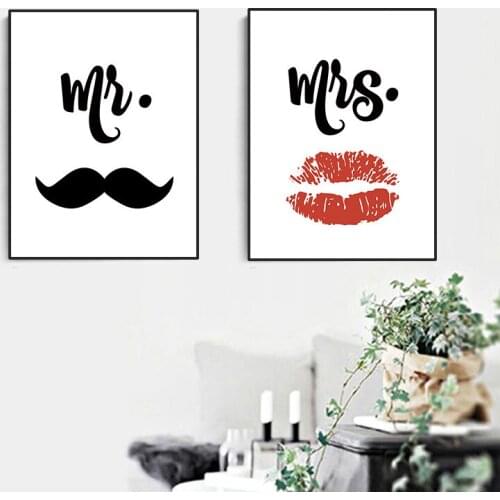 Minimalist Mr& Mrs Quote Wall Art Canvas Painting Print Poster Red Lips Mustache Wall Art Picture For Living Room Decor TB70
