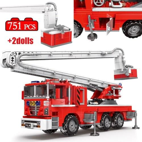 City Fire Police Fighting Car Model Building Blocks Creator Rescue Ladder Truck Vehicle MOC Bricks Educationa Toys for Children