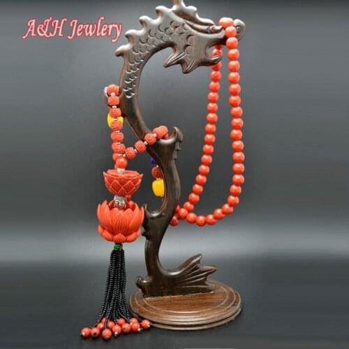 High Fashion Natural Cinnabar With Chinese Tassel Lotus Flower Pendant Guanyin Charms Necklace 5pc/lot