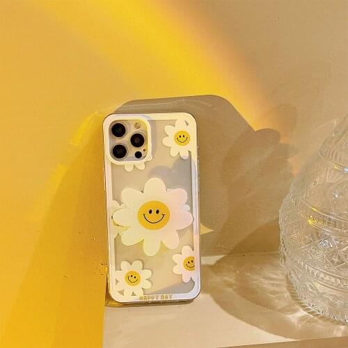 Daisy Flower with Smiley Sun Flower Bracket Phone Case for iphone 12Pro Max 11 Mini X XS XR 7 8Plus Transparent Soft Bcak Cover