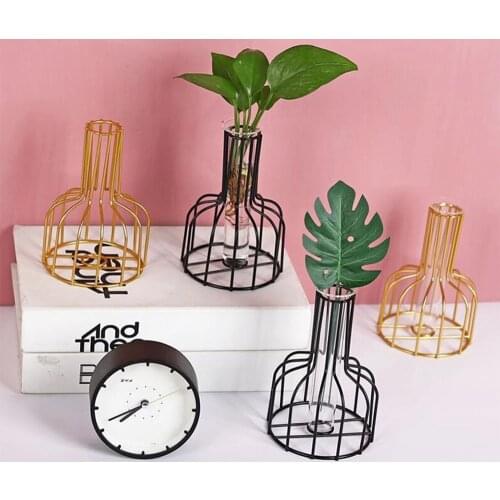 Nordic Flower Vase Iron Hydroponic Plant Vase Golden Black Plant Pots Decorative Flower Pot Tabletop Leaves Holder Home Decor