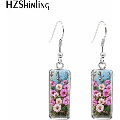 2021 New Pink Hollyhock Rectangular Earring Fower Painting Fish Hook Earrings Glass Cabochon Handmade Jewelry