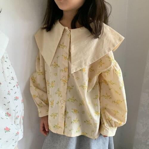 2021 Autumn Childrens Shirt New Korean Girl Small Fresh Lapel Floral Shirt Childrens Cute Long-Sleeved Shirt