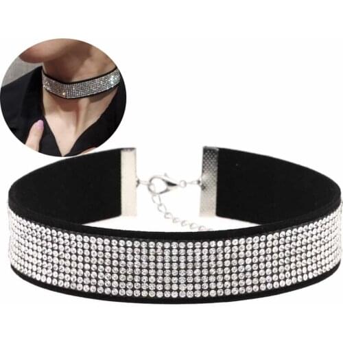 Black Leather Rhinestone Necklace Women Crystal Choker Statement collar fashion Punk Goth 100% Handmade Neck jewellery