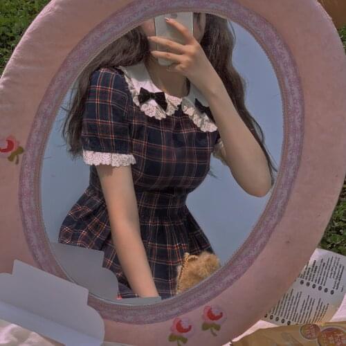 Harajuku Summer Soft Girl Lolita Dresses Japanese Cute Doll Collar Bow Plaid Dress Vintage Slim Waist Lace Princess Gothic Dress