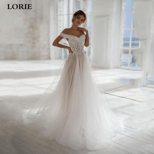 LORIE Boho A Line Lace Wedding Dresses Off The Shoulder Lace Bride Dresses With Romantic Buttons Wedding Gowns Vestidos de novia