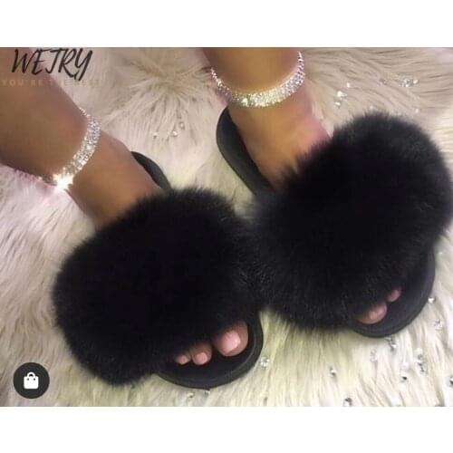 Real Fur Slippers Women Fox Home Fluffy Sliders With Feathers Furry Summer Flats Sweet Ladies Shoes Large Size 45 Home Pantufas